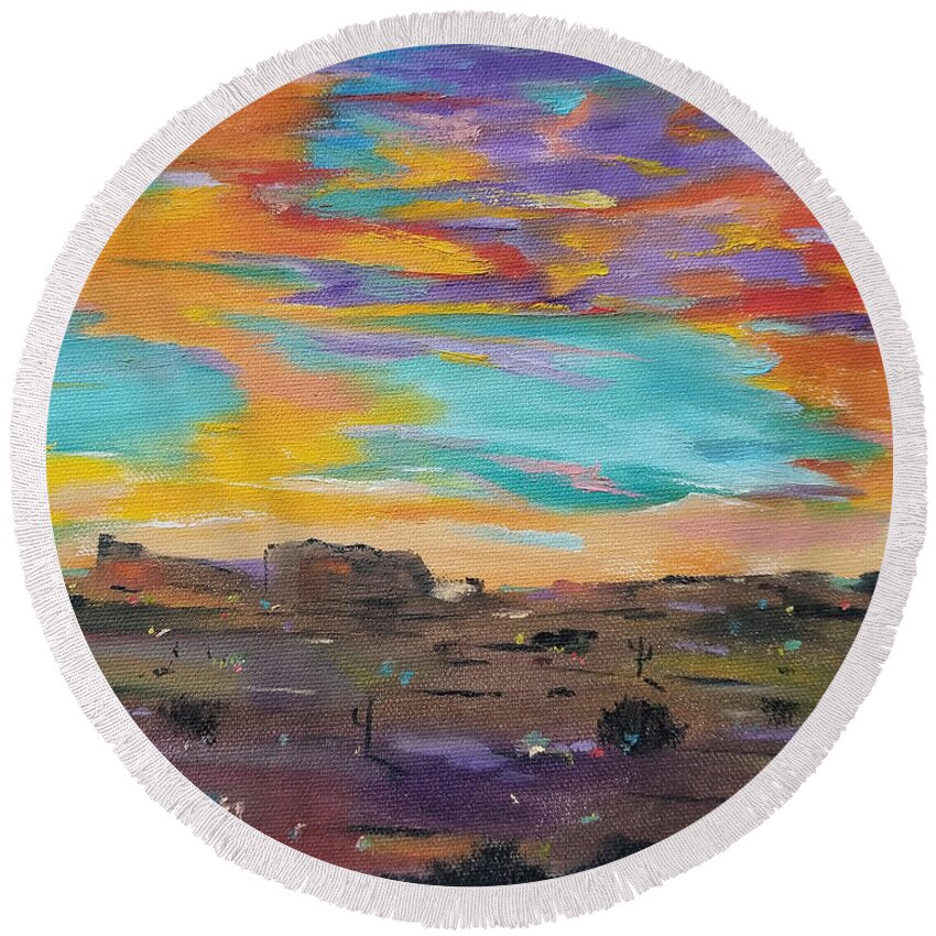 Desert Round Beach Towel featuring the painting Desert Finale by Judith Rhue