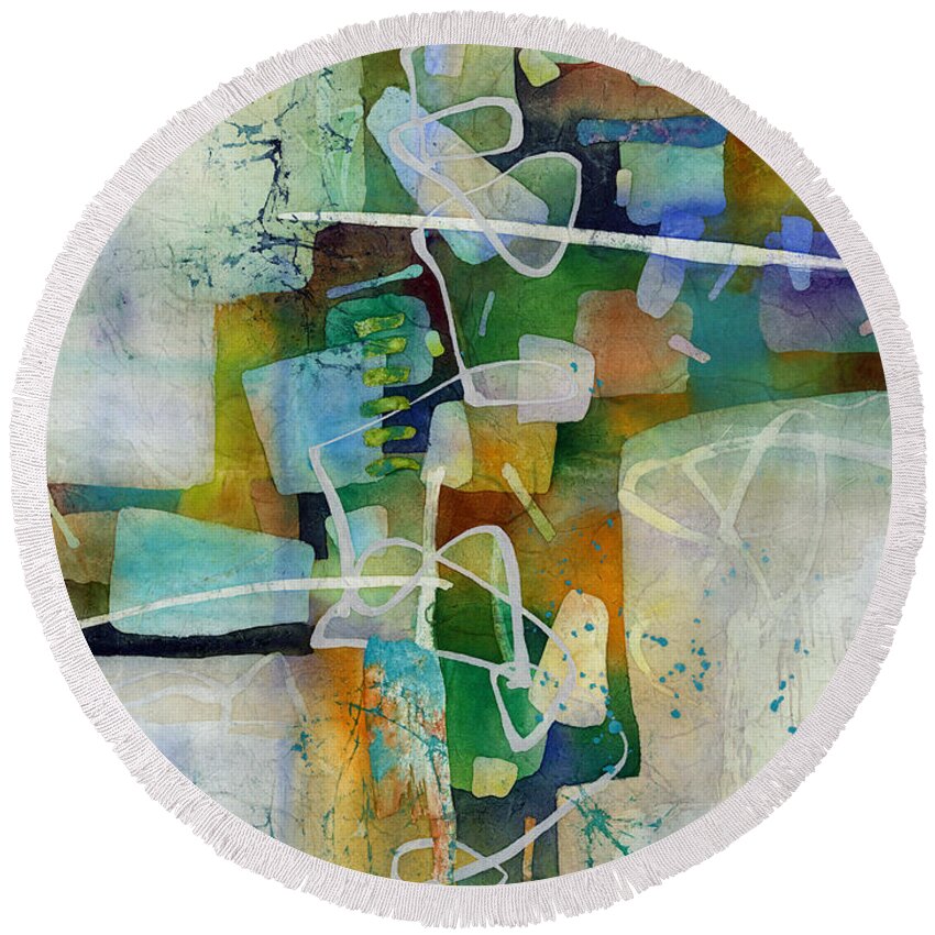 Abstract Round Beach Towel featuring the painting Desert Pueblo by Hailey E Herrera