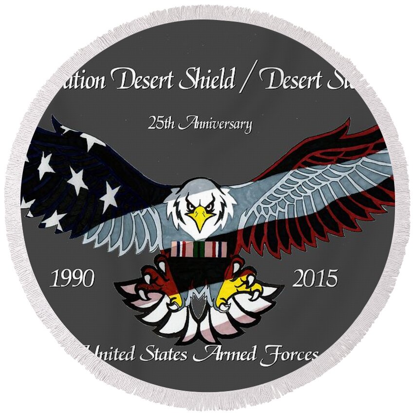 Veterans Round Beach Towel featuring the drawing Desert Storm 25th Anniversary by Bill Richards