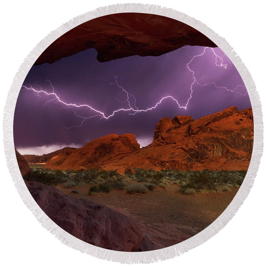 Red Rocks Round Beach Towel featuring the photograph Desert Storm by Darren White