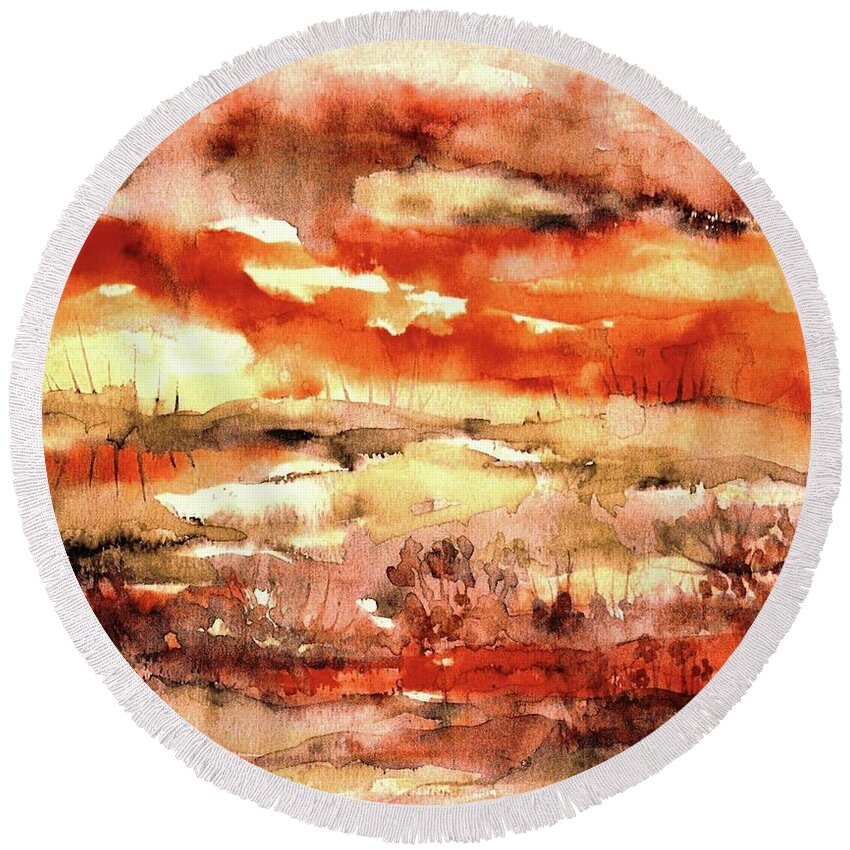 Desert Round Beach Towel featuring the painting Desert Sunset by Hazel Holland