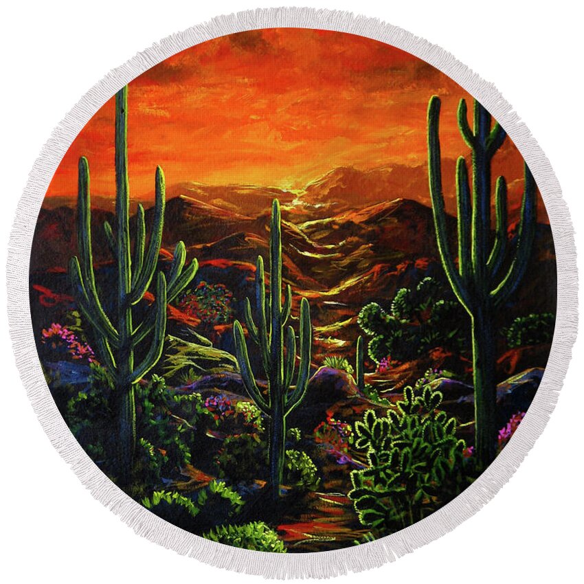 Sunset Round Beach Towel featuring the painting Desert Sunset by Lance Headlee