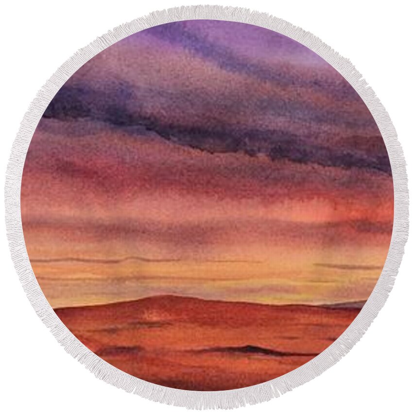 Desert Round Beach Towel featuring the painting Desert Sunset by Ruth Kamenev