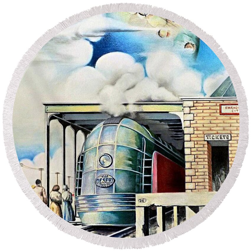 Train Drawing Round Beach Towel featuring the drawing Desert Wind by David Neace CPX