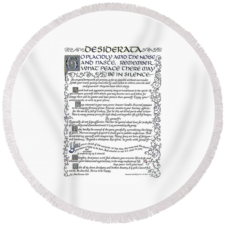 Desiderata Round Beach Towel featuring the drawing Desiderata-blue by Jacqueline Shuler