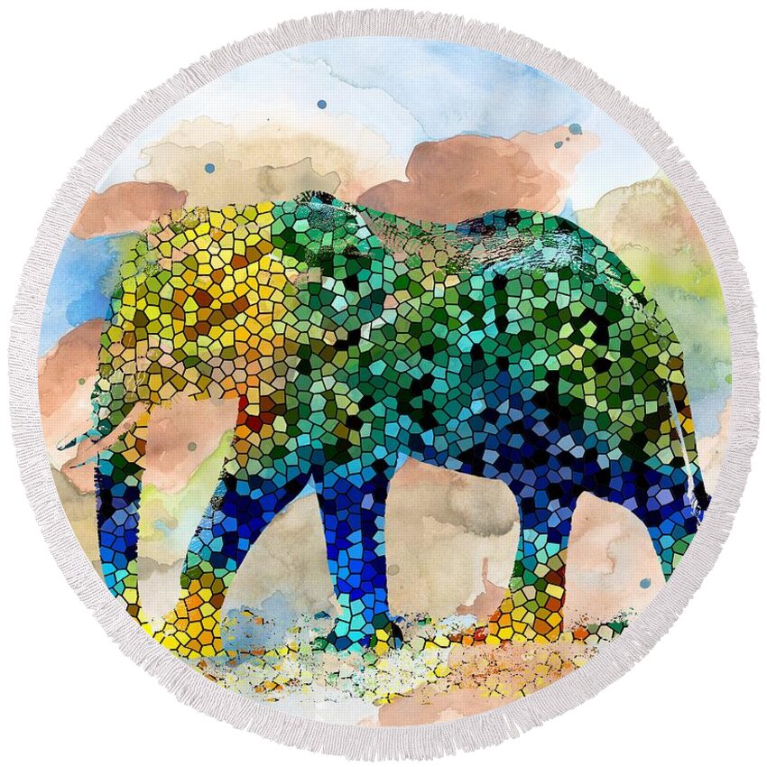 Mosaic Round Beach Towel featuring the painting Design 37 Mosaic Elephant by Lucie Dumas