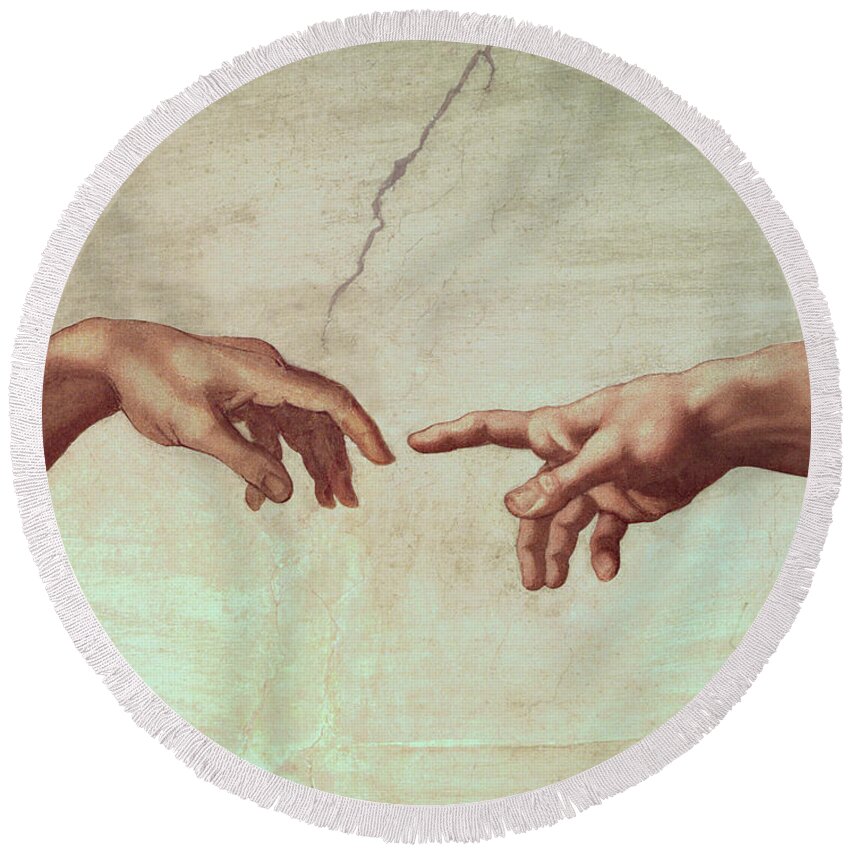 Hands Round Beach Towel featuring the painting Detail from The Creation of Adam by Michelangelo