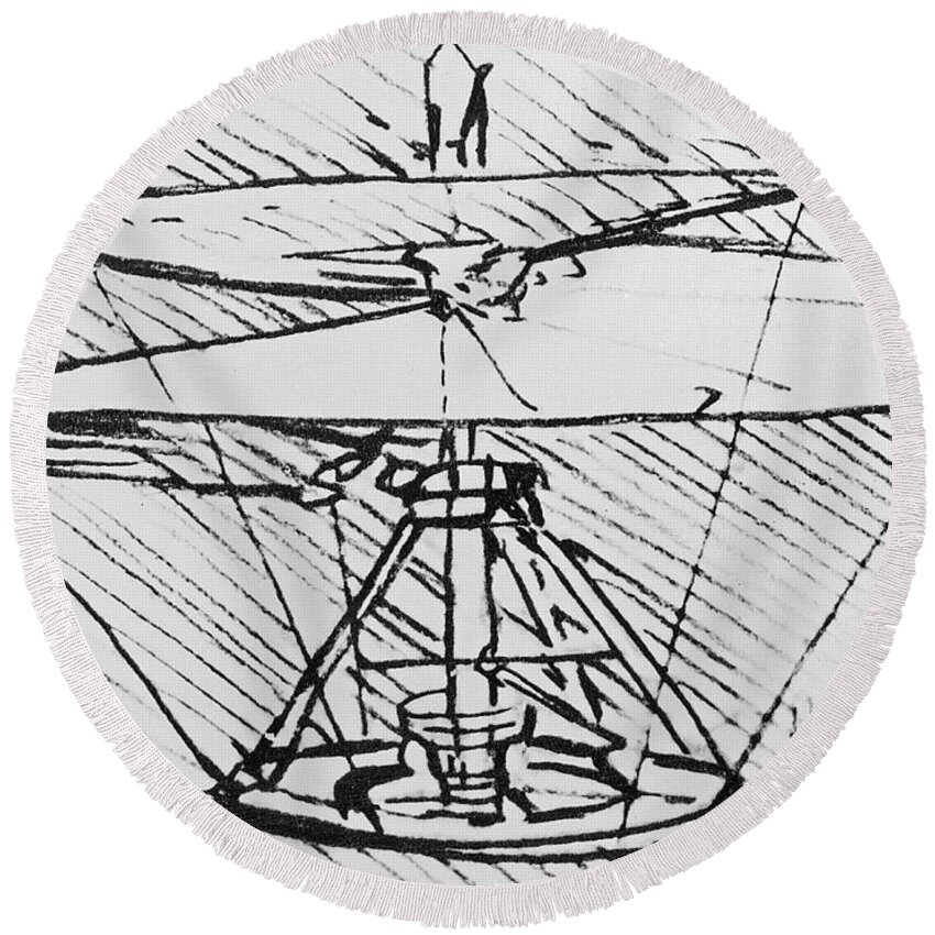 Helicopter Round Beach Towel featuring the drawing Detail of a design for a flying machine by Leonardo Da Vinci