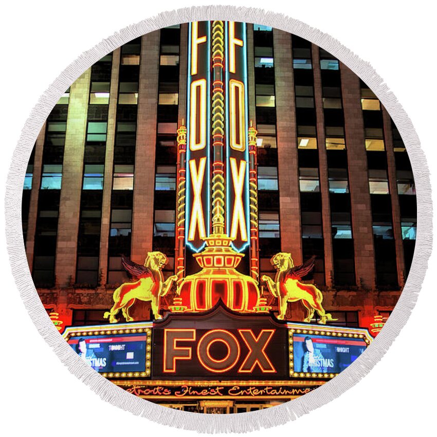 Detroit Round Beach Towel featuring the painting Detroit Fox Theatre Marquee by Christopher Arndt