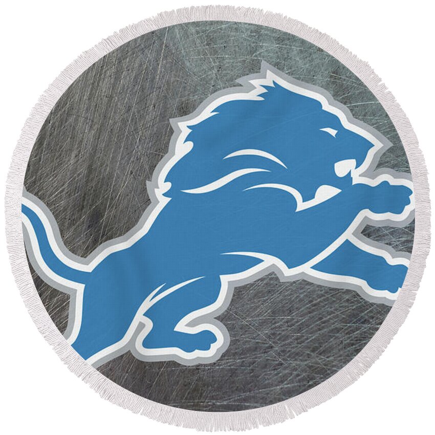 Detroit Lions Round Beach Towel featuring the mixed media Detroit Lions on an abraded steel texture by Movie Poster Prints