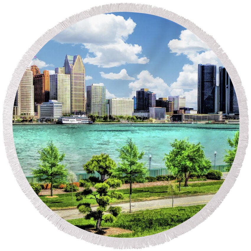 Detroit Round Beach Towel featuring the painting Detroit River Skyline by Christopher Arndt