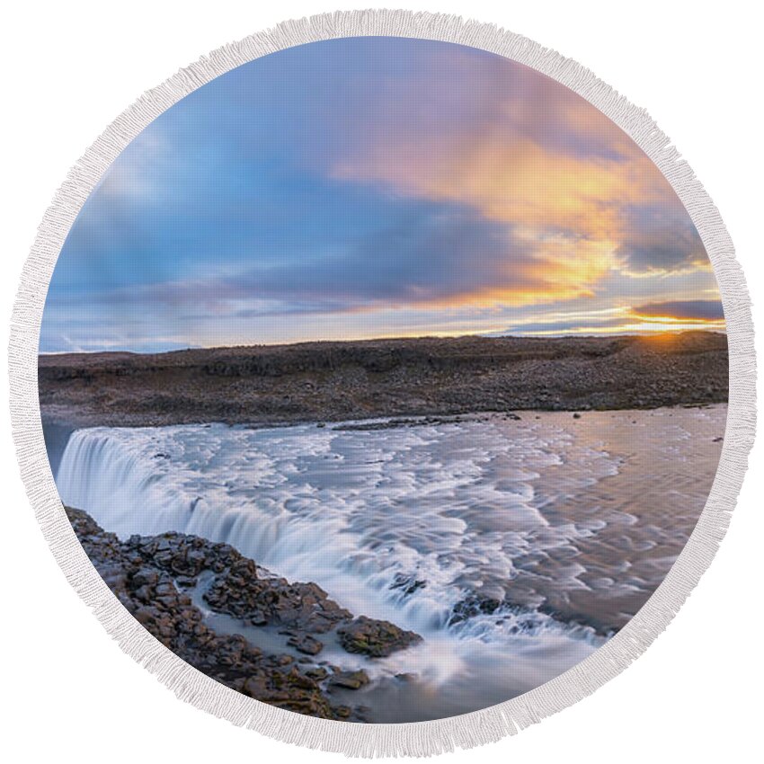 Dettifoss Round Beach Towel featuring the photograph Dettifoss Sunrise Panorama by Michael Ver Sprill