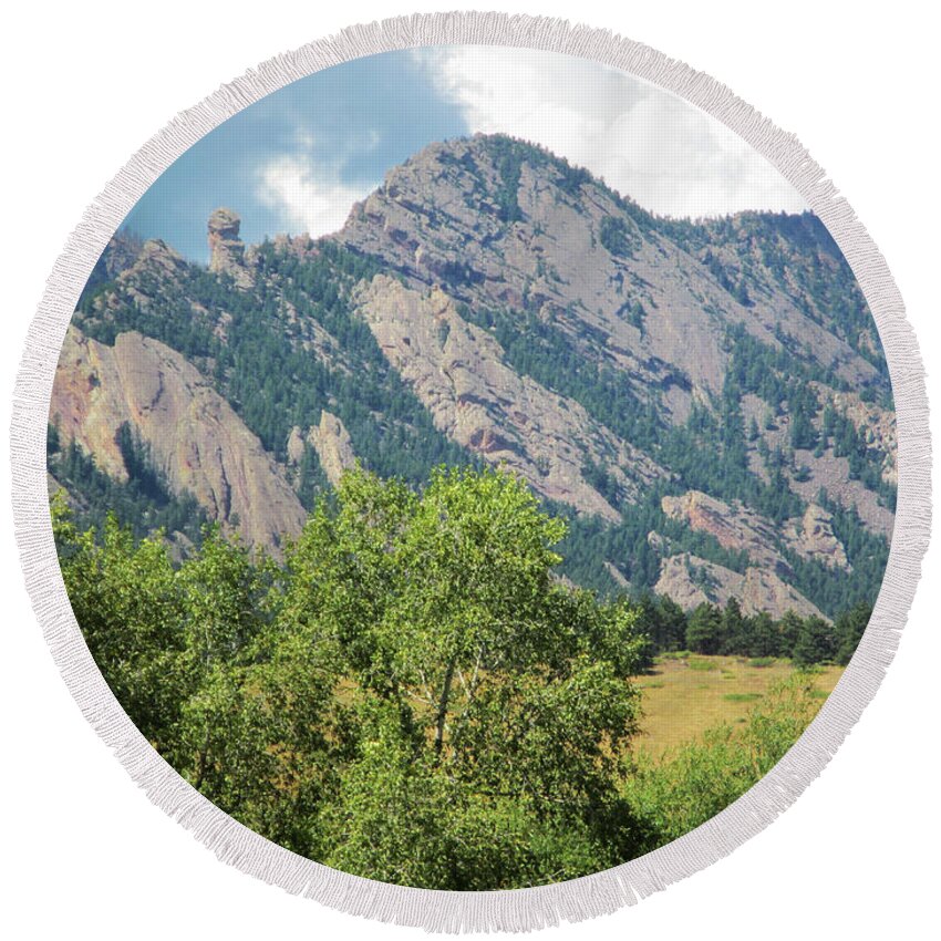 Finding Round Beach Towel featuring the photograph Devil's Thumb Flatirons COlorado by Marilyn Hunt