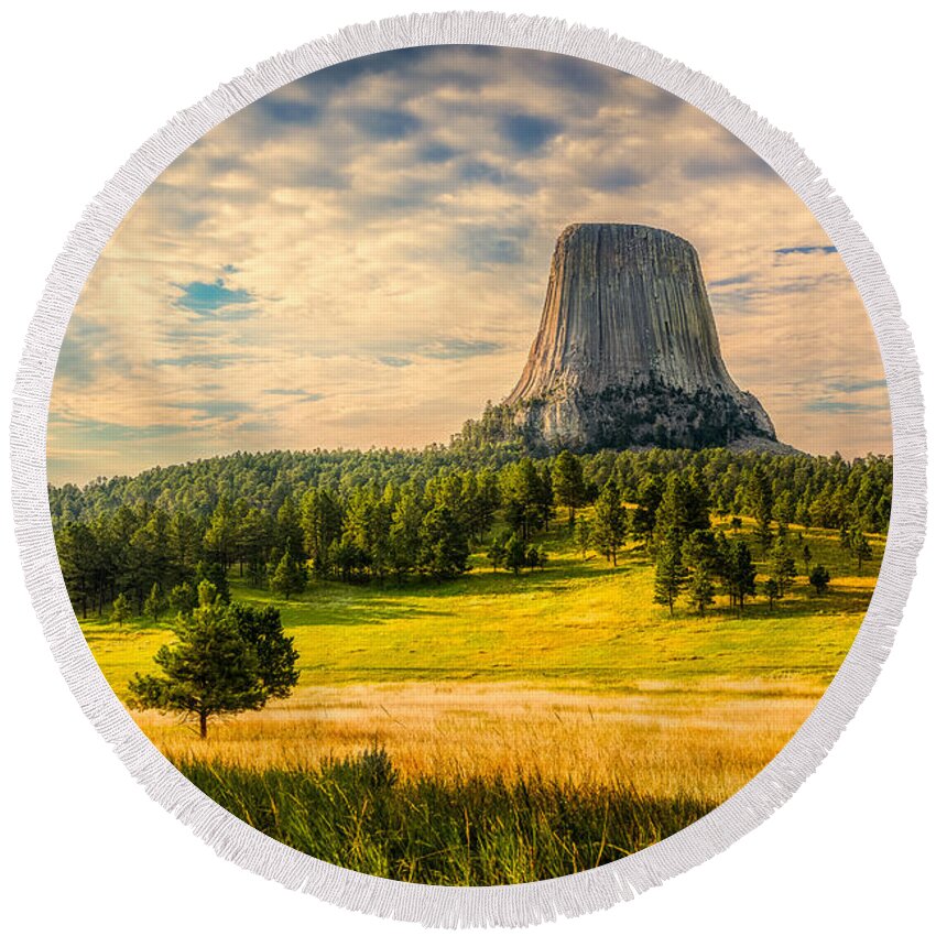 National Park Round Beach Towel featuring the photograph Devil's Tower - the Other Side by Rikk Flohr