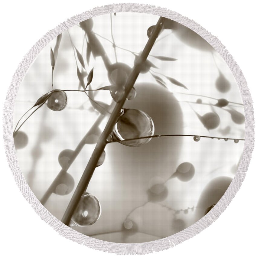 Abstract Round Beach Towel featuring the photograph Dew drops on grass - sepia by Ulrich Kunst And Bettina Scheidulin