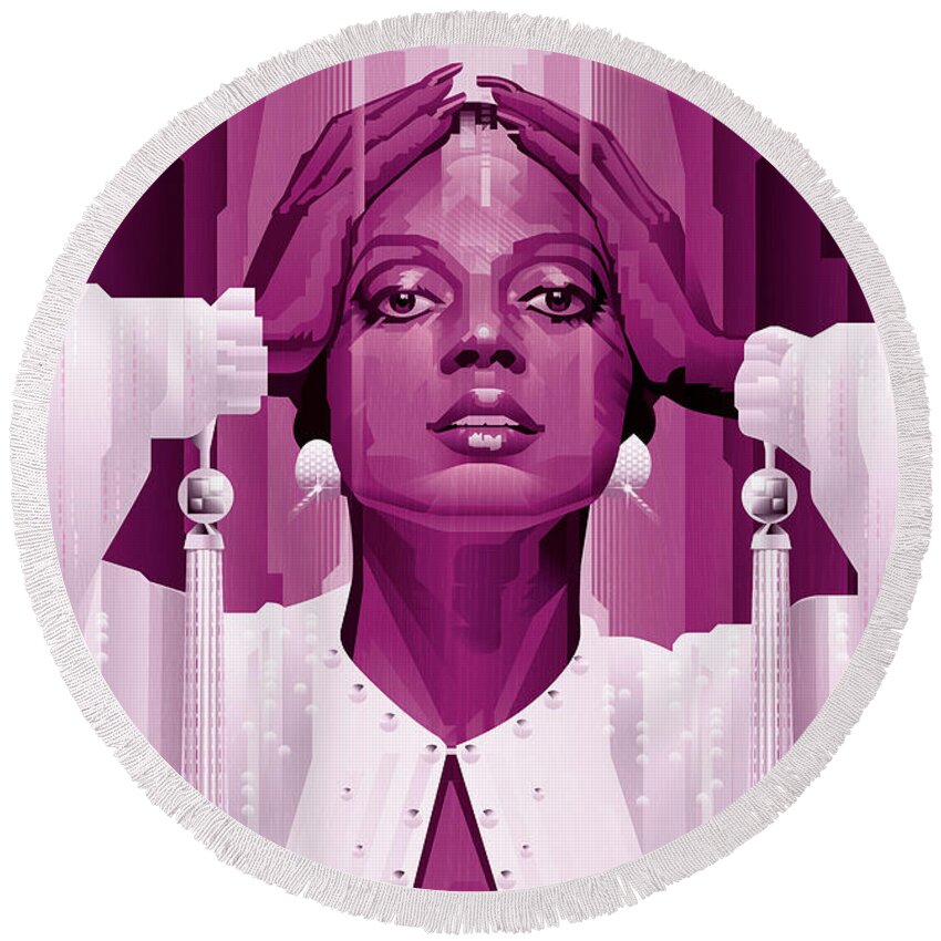 Diana Ross Round Beach Towel featuring the digital art Diana Ross in Magenta Monocrome by Garth Glazier