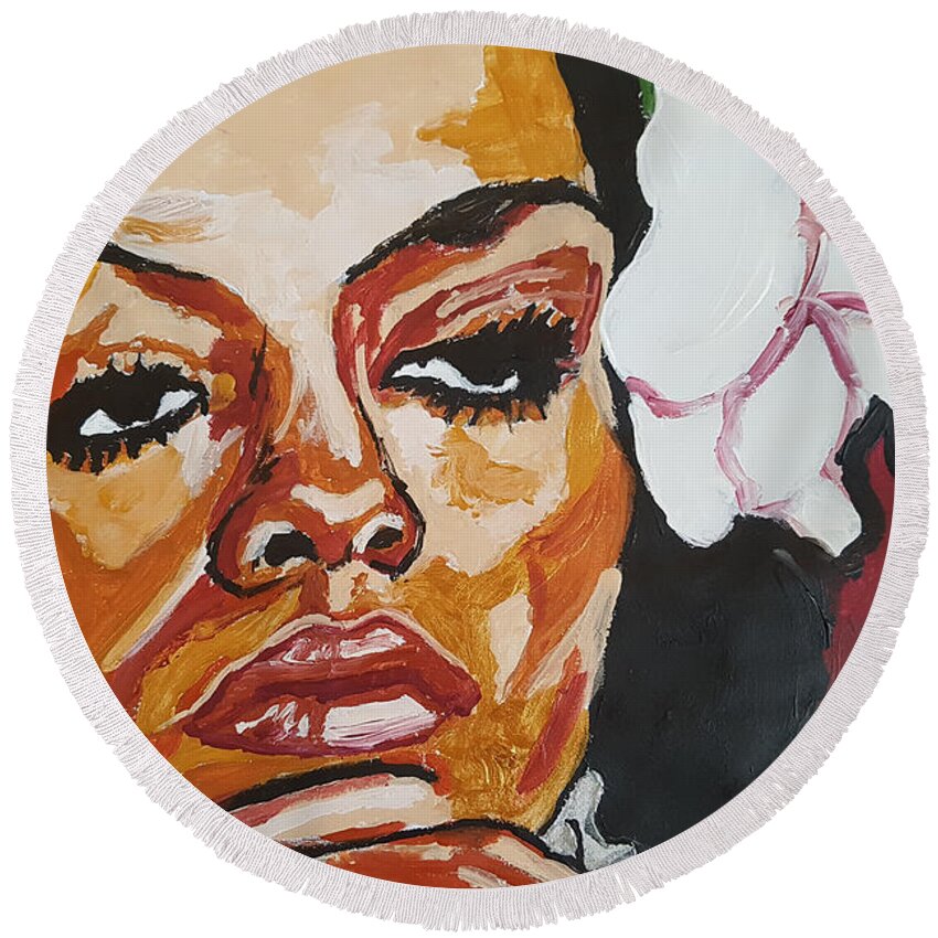 Diana Ross Round Beach Towel featuring the painting Diana Ross by Rachel Natalie Rawlins