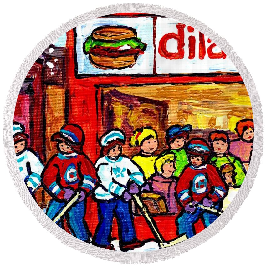 Dilallo Round Beach Towel featuring the painting Dilallo Burger Hamburger Restaurant Paintings Montreal Winter Scenes Hockey Art Canadian Artist by Carole Spandau
