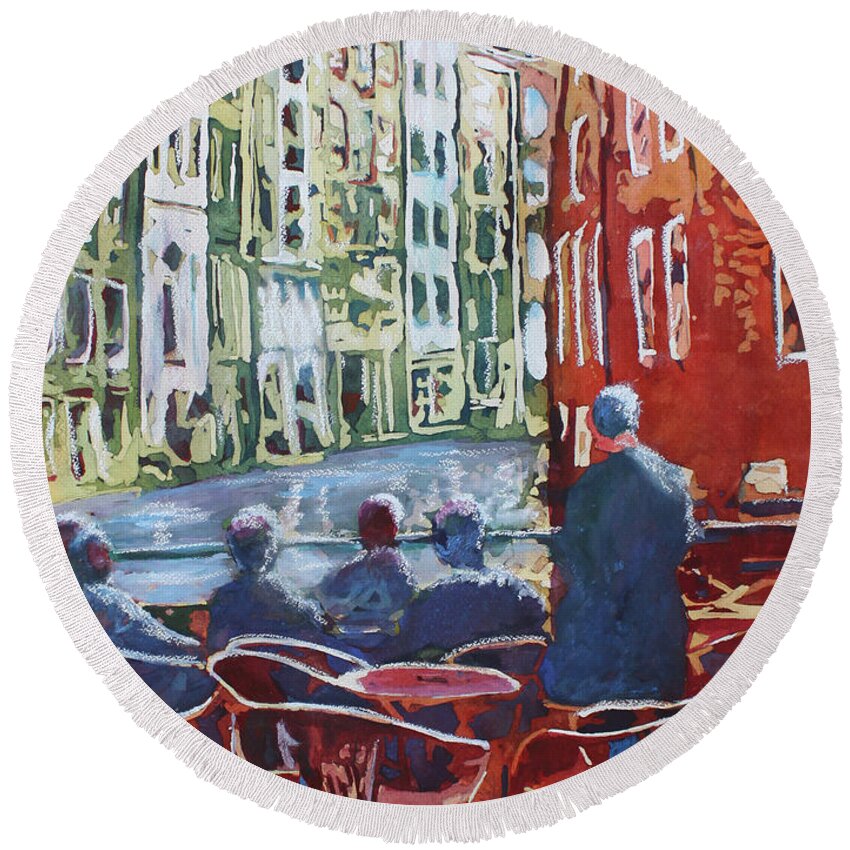 Amsterdam Round Beach Towel featuring the painting Dining Canalside by Jenny Armitage
