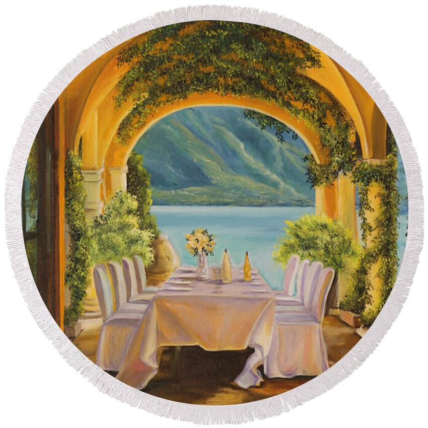 Lake Como Artwork Round Beach Towel featuring the painting Dining on Lake Como by Charlotte Blanchard
