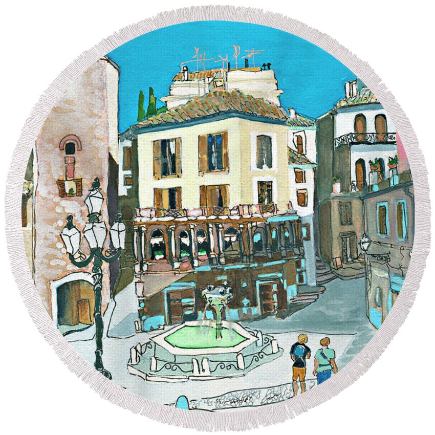 Historic Architecture Narnia Italia Hill Town C S Lewis Fantasy Impressionist Round Beach Towel featuring the painting Discovering the real Narnia - Umbria by Joan Cordell