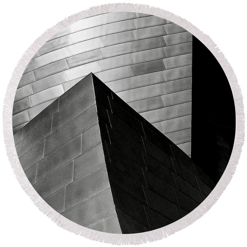Disney Concert Hall Round Beach Towel featuring the photograph Disney Concert Hall Black and White by Michael Cinnamond