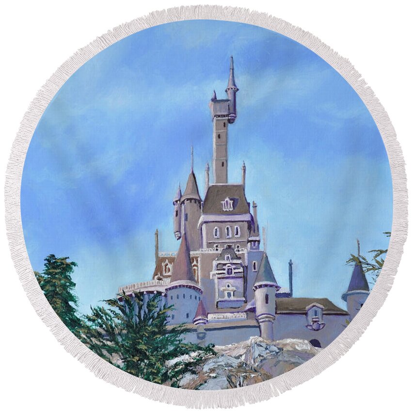 Castle Round Beach Towel featuring the painting Disney World by Stan Hamilton
