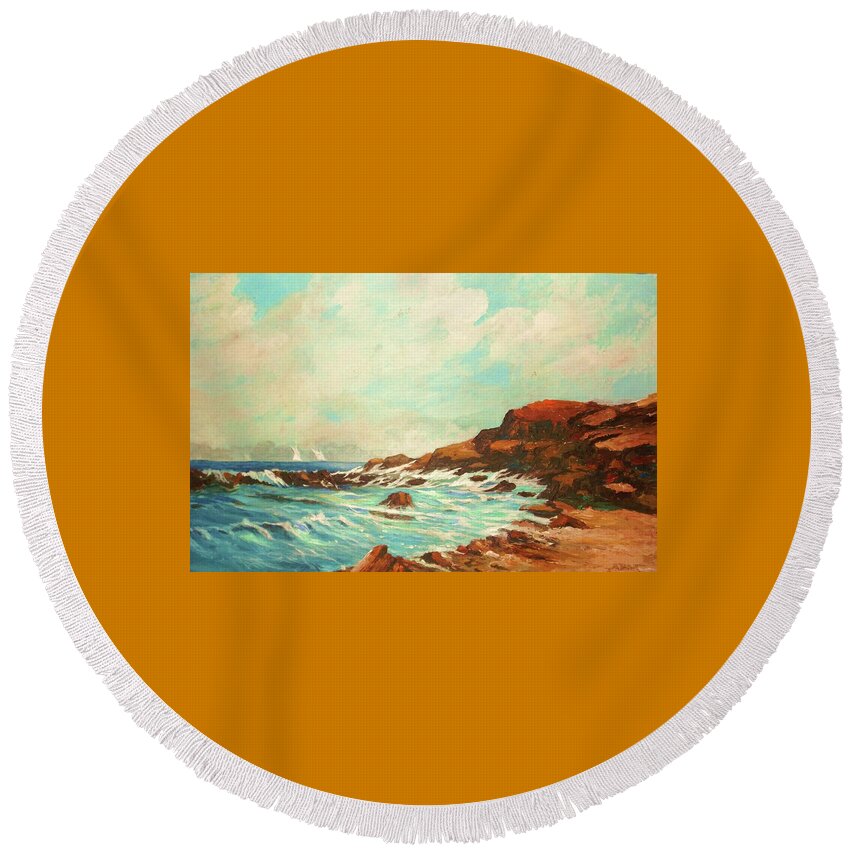 Coastal Shoreline Round Beach Towel featuring the painting Distant Sails by Al Brown