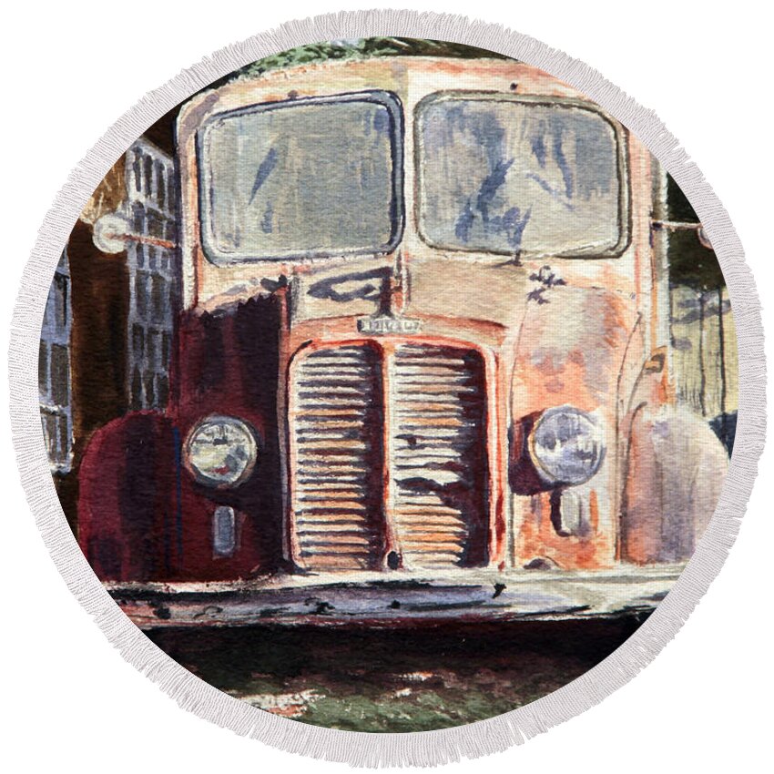 Divco Round Beach Towel featuring the painting Divco Truck by Joey Agbayani