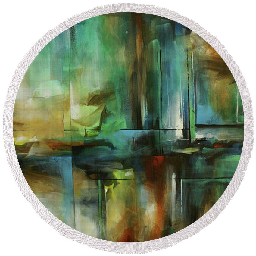 Abstract Round Beach Towel featuring the painting Divinare by Michael Lang