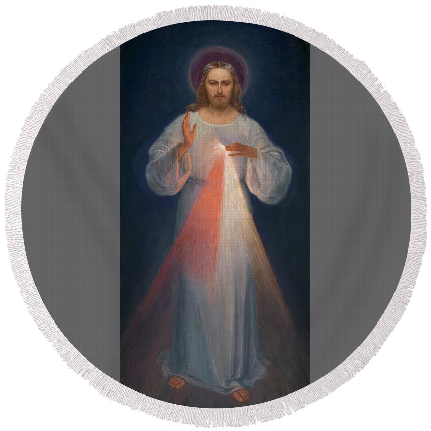 Divine Mercy Round Beach Towel featuring the painting Divine Mercy by Kazimierowski Eugene