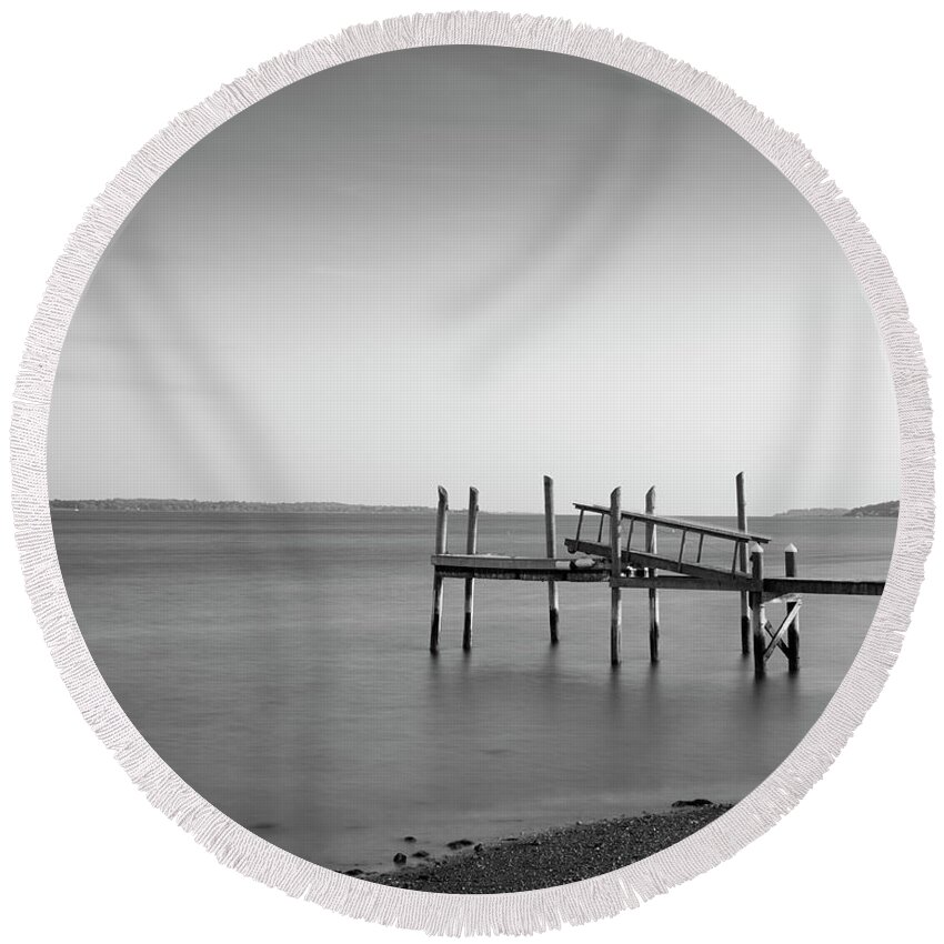 Dock Round Beach Towel featuring the photograph Dock Portsmouth RI I BW by David Gordon