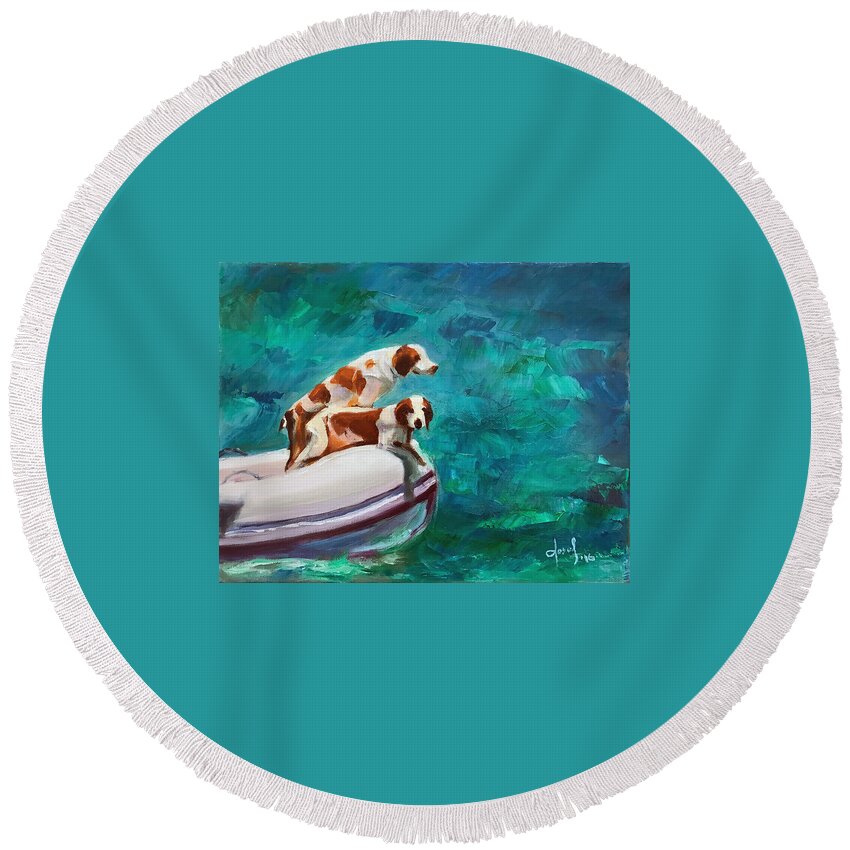 Hope Town Round Beach Towel featuring the painting Doggy Boat Ride by Josef Kelly