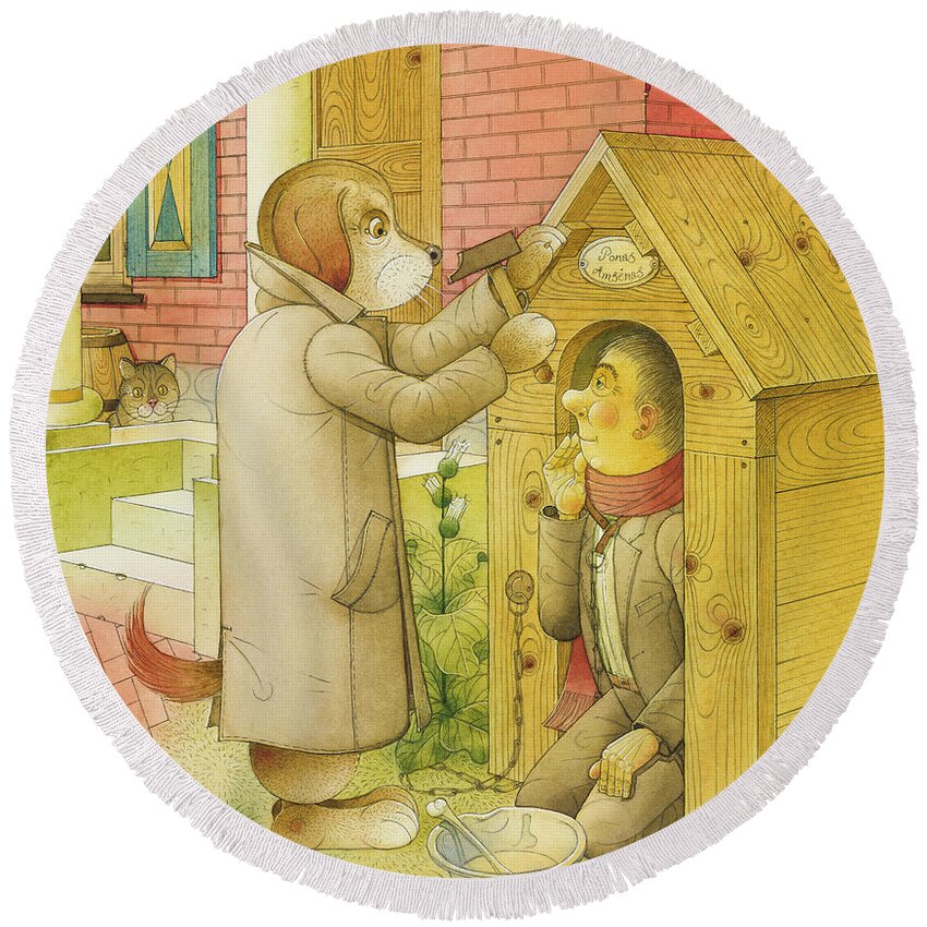 Dog Life Animals House Illustration Children Book Story Lifestyle Round Beach Towel featuring the painting Dogs Life05 by Kestutis Kasparavicius
