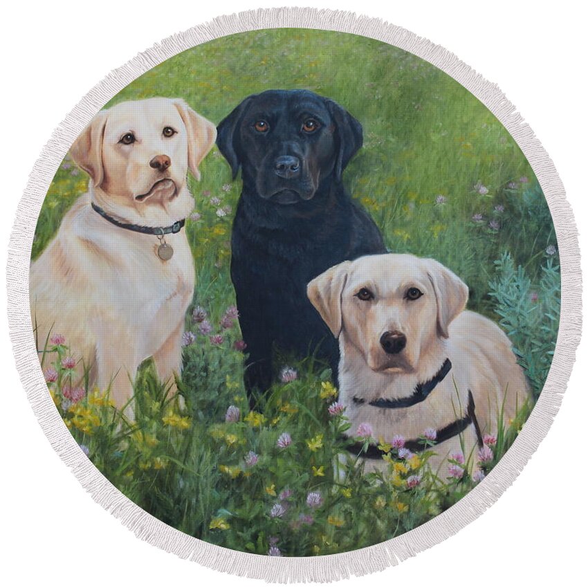 Yellow And Black Labs Round Beach Towel featuring the painting Dogs With Wings by Tammy Taylor