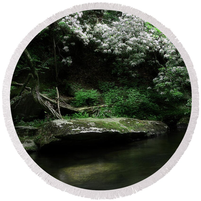 Fresh Rhododendron Round Beach Towel featuring the photograph Rhododendron Along The River by Mike Eingle