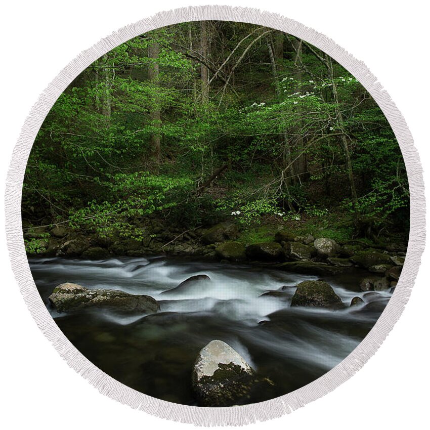 Stream Round Beach Towel featuring the photograph Dogwood Along The River by Mike Eingle
