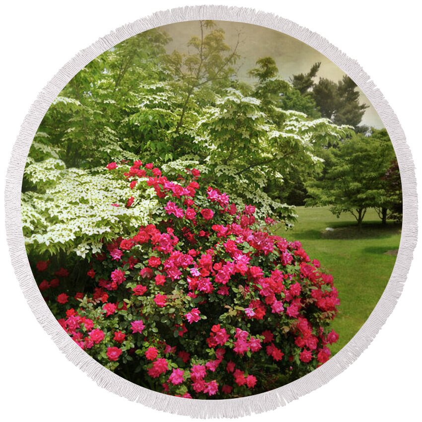 Spring Landscape Round Beach Towel featuring the photograph Dogwood and Roses by Diana Angstadt