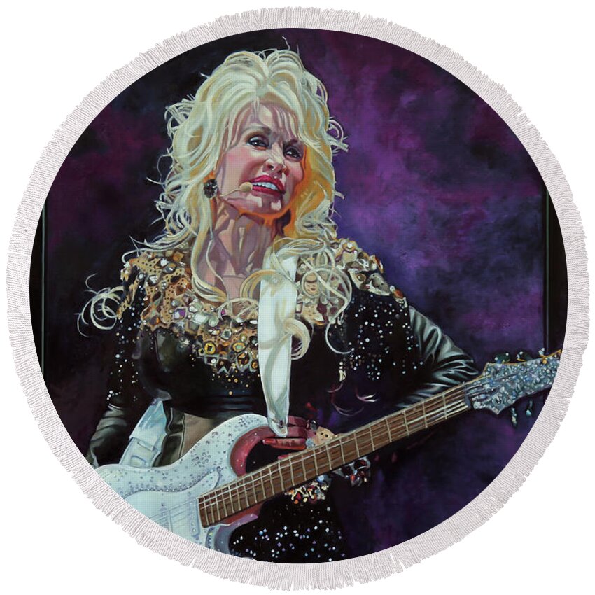 Dolly Parton Paintings Round Beach Towel featuring the painting Why'd You Come In Here Lookin' Like That - Dolly Parton by Maria Modopoulos