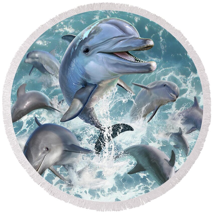Dolphin Round Beach Towel featuring the digital art Dolphin Jump by Jerry LoFaro