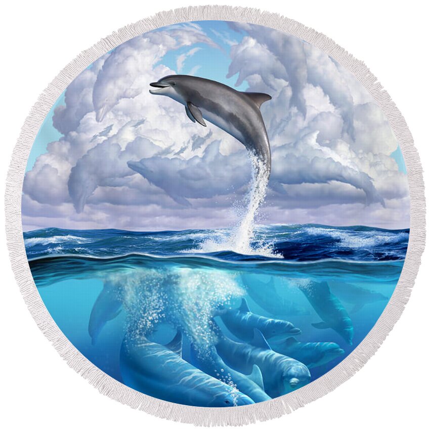 Dolphins Round Beach Towel featuring the digital art Dolphonic Symphony by Jerry LoFaro
