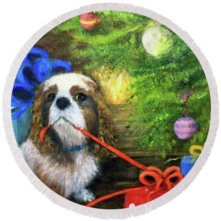 Cavalier King Charles Spaniel Round Beach Towel featuring the painting Done Waiting by Loretta Luglio