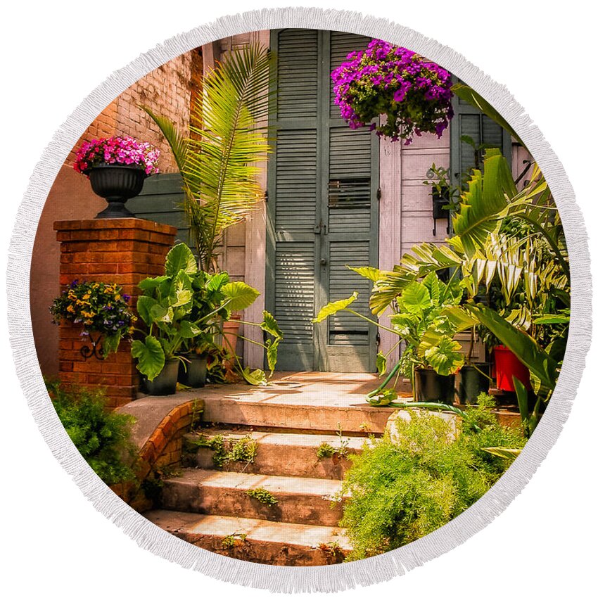 Mysterious Round Beach Towel featuring the photograph Doorway-NOLA-Marigny-Vintage by Kathleen K Parker