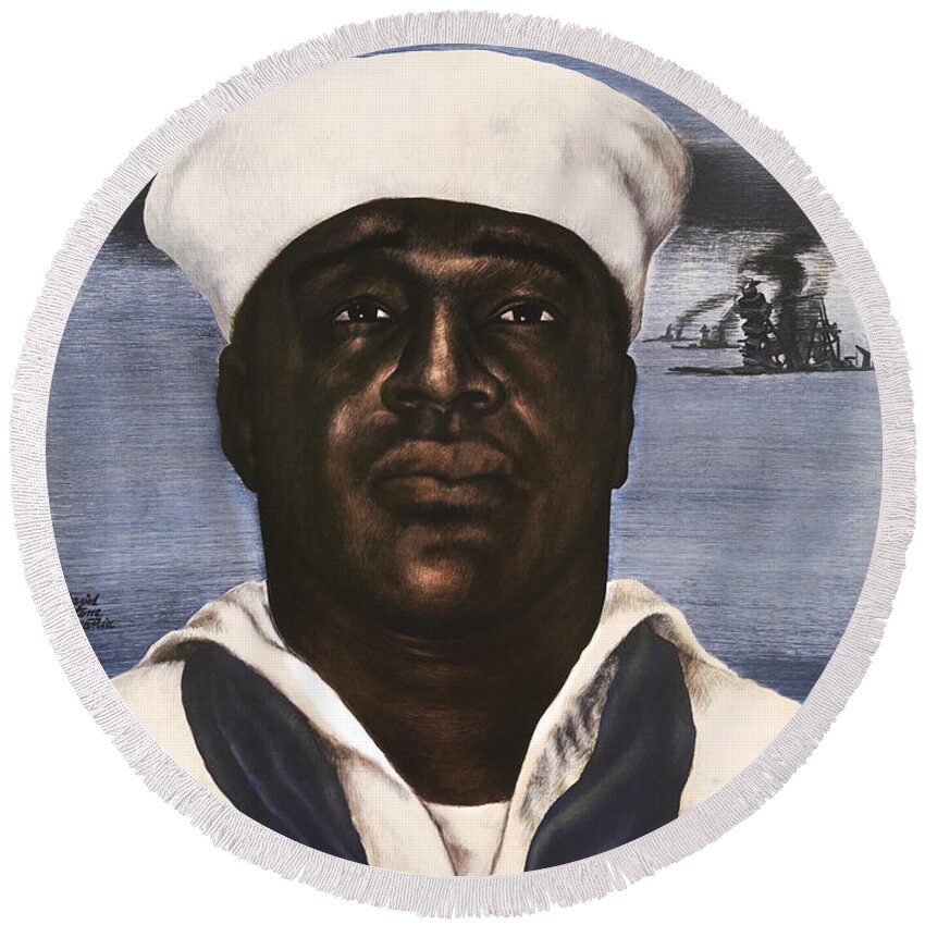 Dorie Miller Round Beach Towel featuring the painting Dorie Miller - Above and Beyond - WW2 by War Is Hell Store