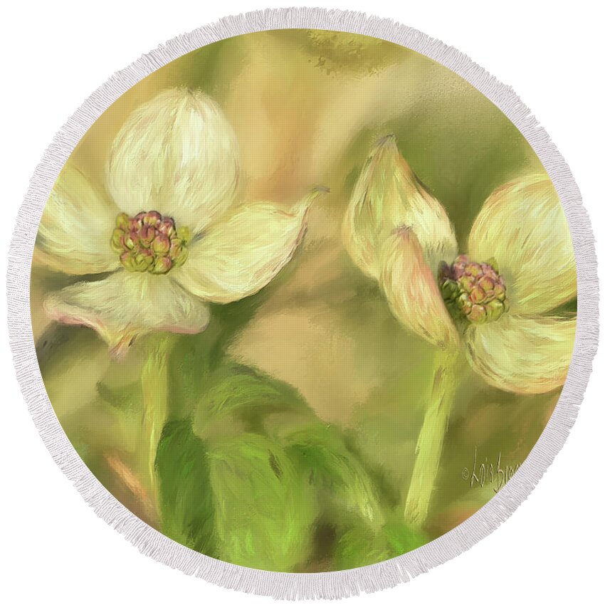 Dogwood Round Beach Towel featuring the digital art Double Dogwood Blossoms In Evening Light by Lois Bryan