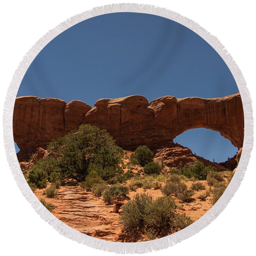 Utah Round Beach Towel featuring the photograph Double Windows Arches National Park Utah by Lawrence S Richardson Jr
