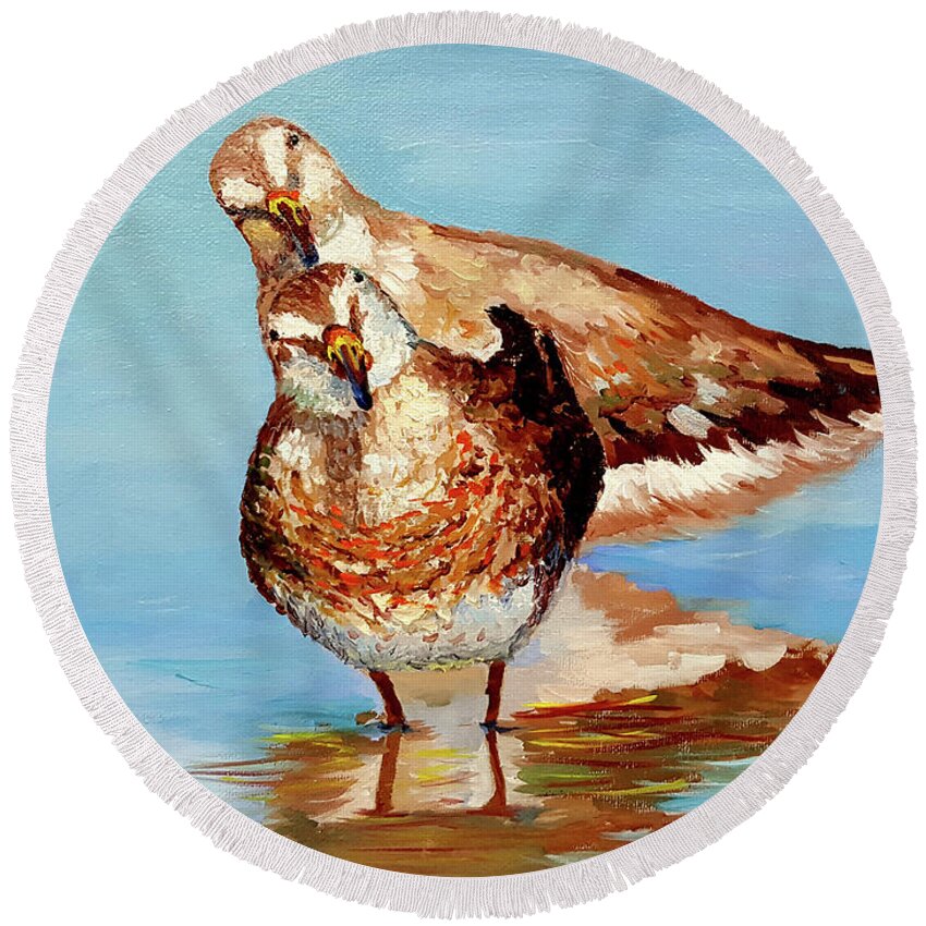 Birds Round Beach Towel featuring the painting Dowitcher Birds by Janet Garcia