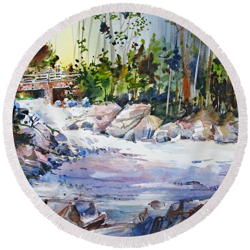 Leaves Round Beach Towel featuring the painting Down Stream on Hoppers Creek by P Anthony Visco