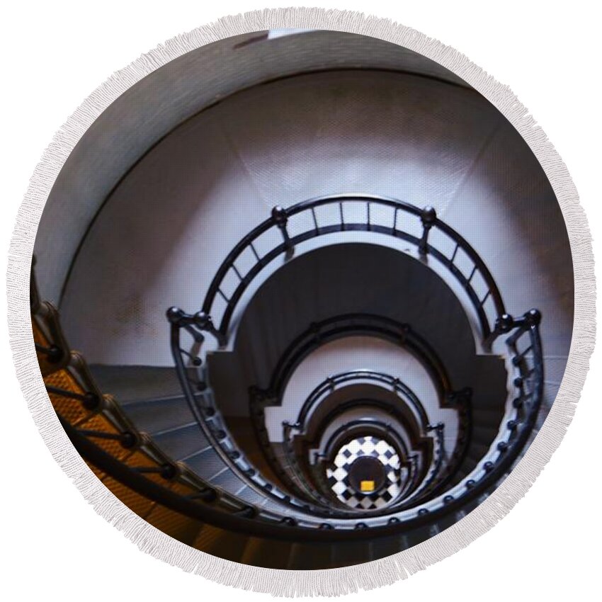 Down The Lighthouse Stairs Round Beach Towel featuring the photograph Down The Lighthouse Stairs by Warren Thompson