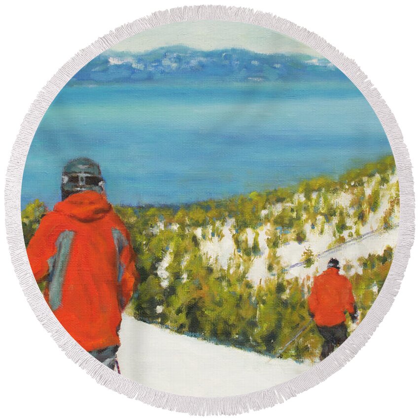 Ski Round Beach Towel featuring the painting Downhill View by Kerima Swain